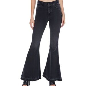 Forever 21 High Rise Super Flare Exposed Button Fly Faded Black Jeans Size 30